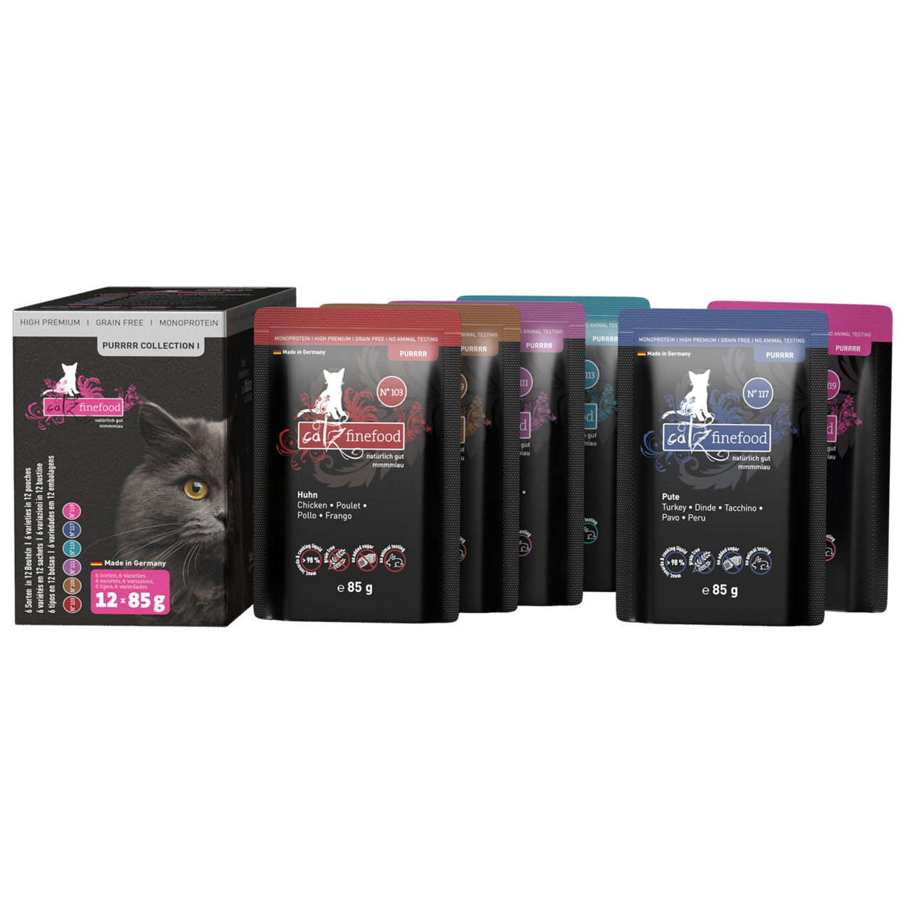 Das Bild zeigt eine Auswahl an Katzenfutter der Marke „Catz finefood“ aus der „Purrrr Collection I“. Die Zielgruppe sind Katzen. Zu sehen sind 12 Beutel à 85 g in verschiedenen Geschmacksrichtungen, darunter Huhn und Pute. Das Produkt ist getreidefrei, en