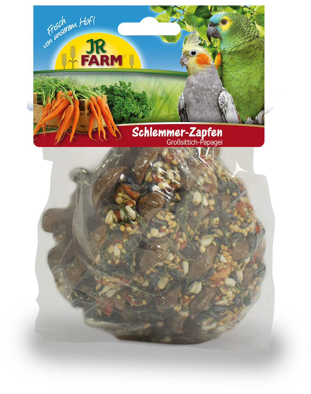 JR FARM Schlemmer-Zapfen, Snack für Großsittiche & Papageien, mit Saaten, Nüssen & Früchten, 1 Stk., „Frisch von unserem Hof!“.