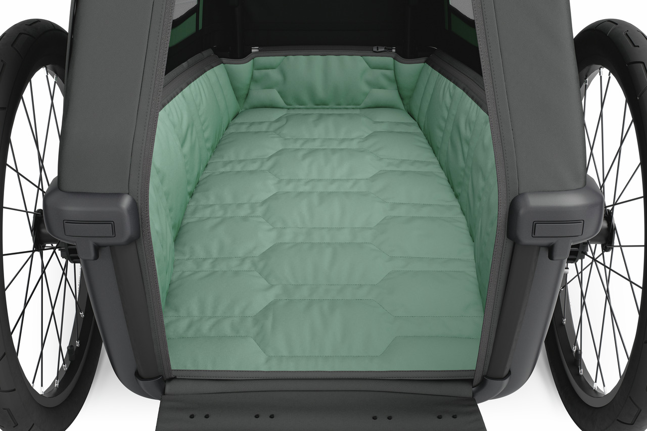 Thule Fahrradanhänger, mintgrüne Liegefläche, gepolstert, für Kinder/Haustiere, Komfort+Schutz, robuste Räder, stabil, langlebig.