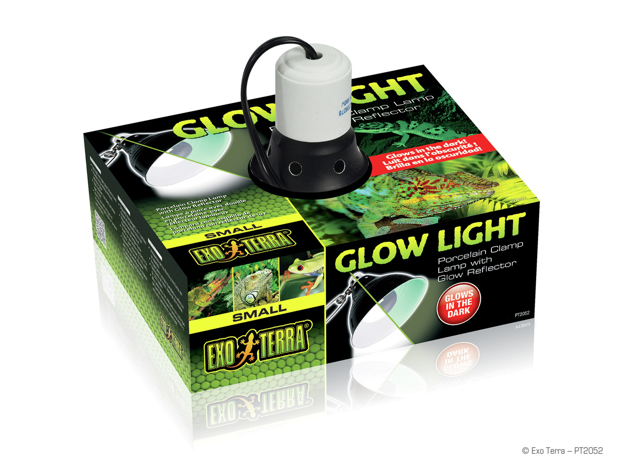 Exo Terra Glow Light Porzellanklemmlampe, Reptilien, Glow-Reflektor leuchtet im Dunkeln, Größe Small, Verpackung abgebildet.