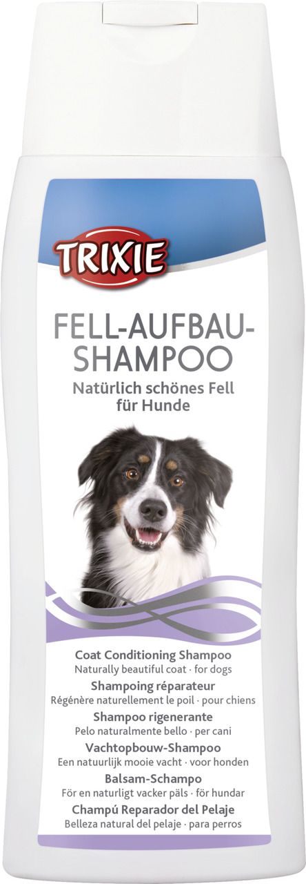 TRIXIE Fell-Aufbau-Shampoo, 250 ml, für Hunde, „Natürlich schönes Fell“, mit schwarz-weißem Hund als Zielgruppenmotiv.