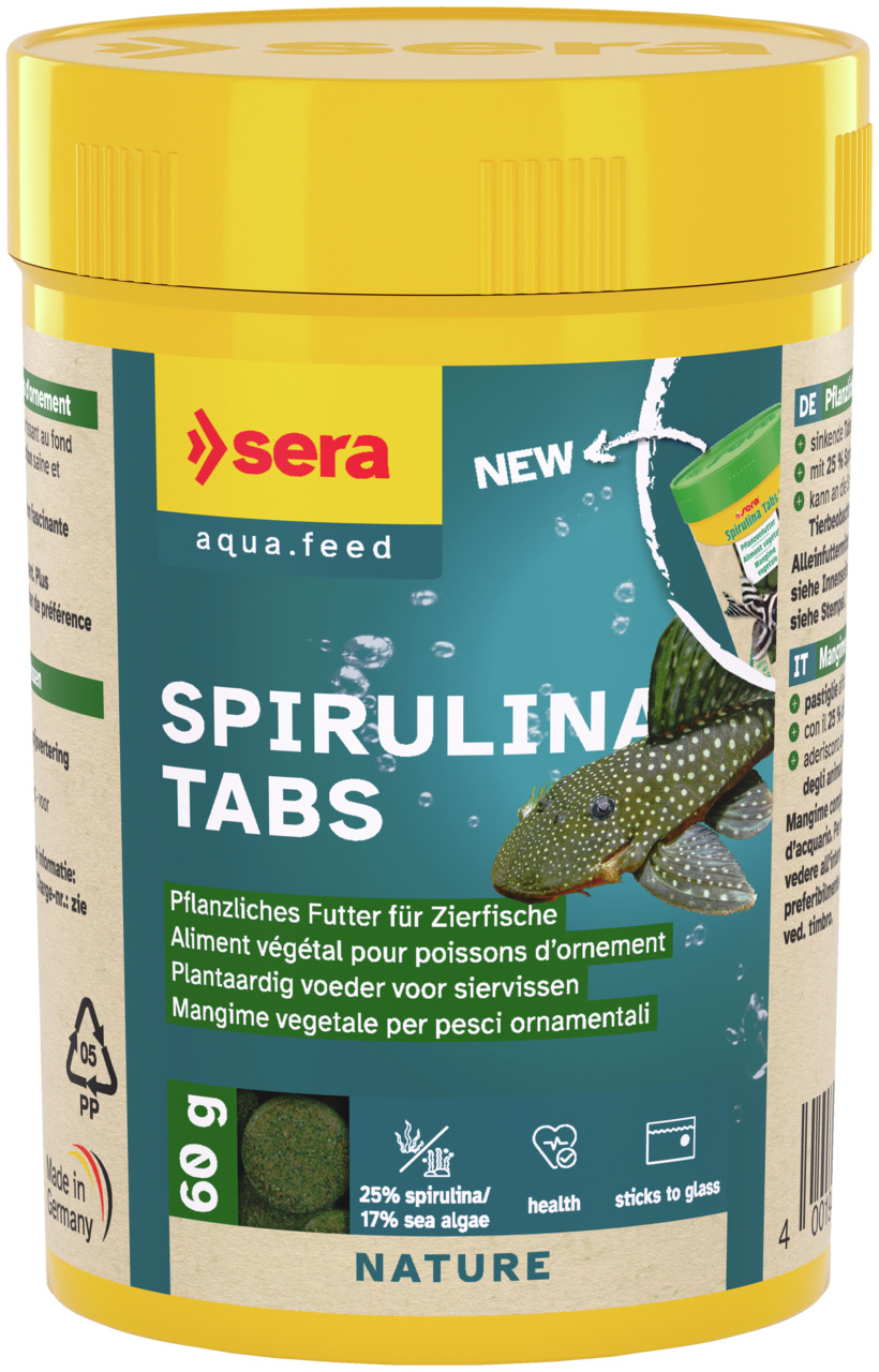 Sera Spirulina Tabs, pflanzl. Futter f. Bodenfresser-Zierfische, 25 % Spirulina, 17 % Meeresalgen, 60 g, haftet an Glas, fördert Gesundheit.