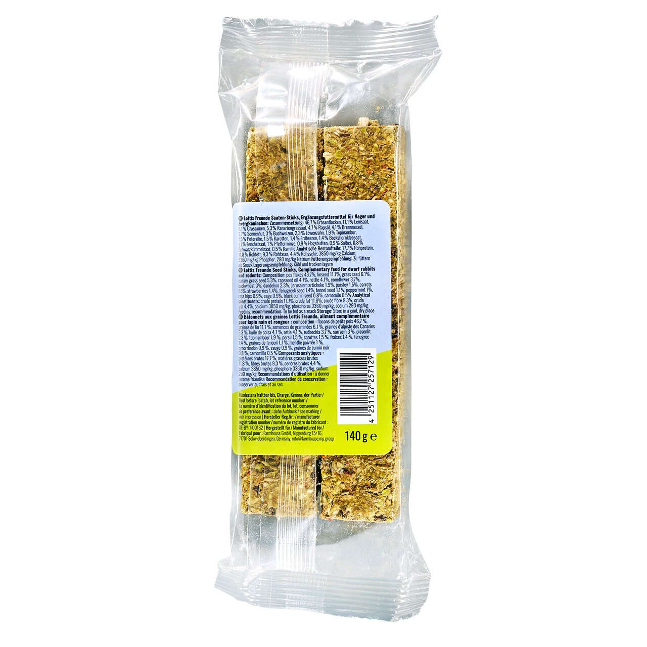 Lottis Freunde Saaten-Sticks für Nager, Geschmack Getreide, Ergänzungsfuttermittel, 140 g in transparenter Verpackung.