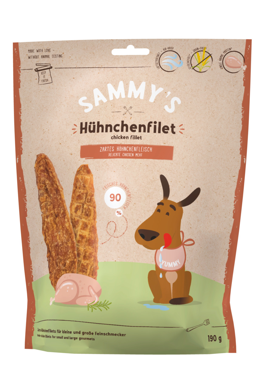 SAMMY's Hühnchenfilet: Snack für Hunde, zartes Hühnchen, 90 % frisches Fleisch, 190 g, für kleine & große Feinschmecker.