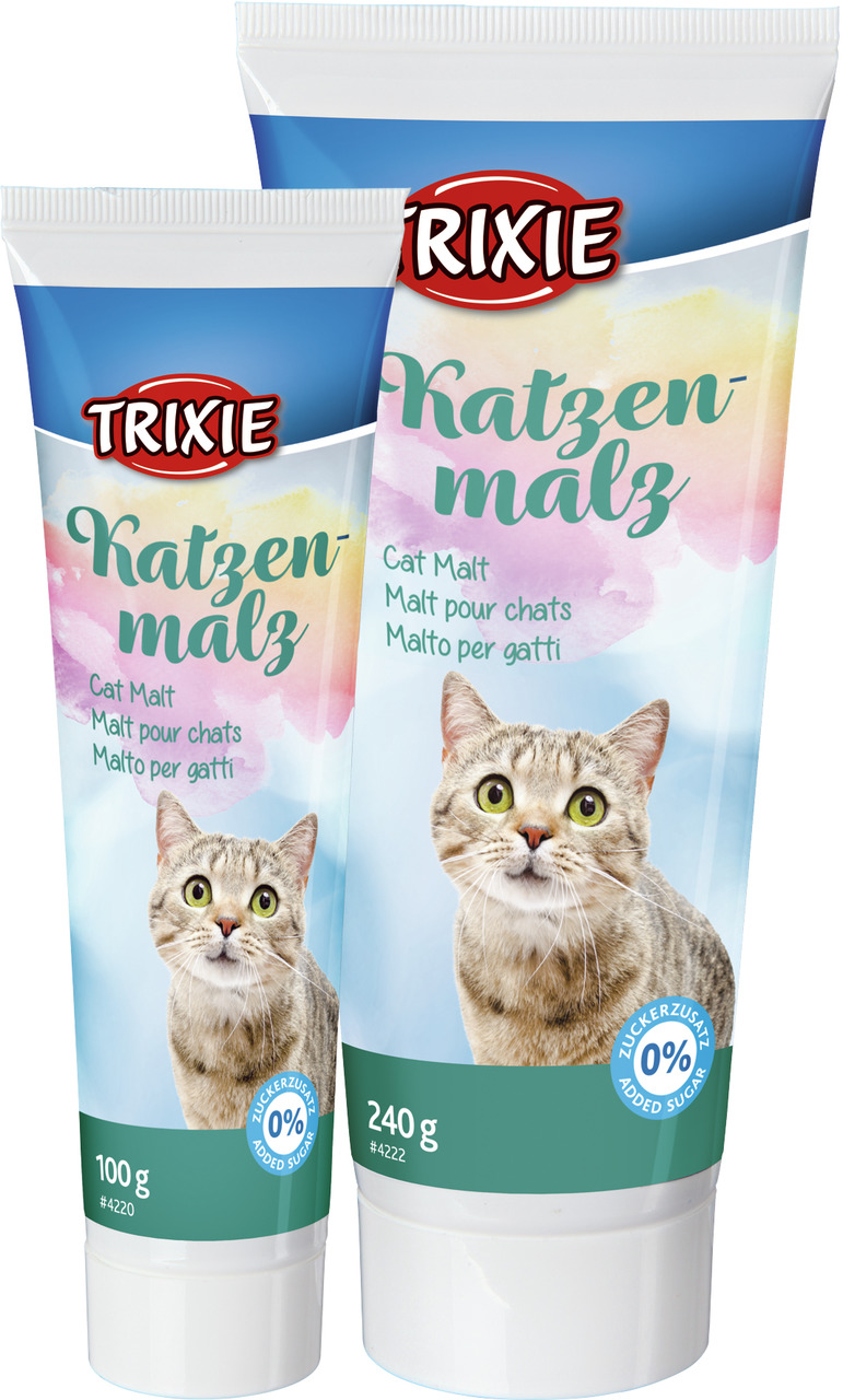 Das Bild zeigt zwei Tuben des Produkts „TRIXIE Katzenmalz“ für Katzen. Die linke Tube enthält 100 g, die rechte 240 g. Das Produkt ist zuckerfrei (0 % Zuckerzusatz) und unterstützt die Verdauung von Katzen. Die Verpackung zeigt eine Katze mit grün-gelben 