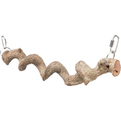 Das Bild zeigt das TRIXIE Naturholz-Kletterseil für Vögel, geeignet für Ziervögel wie Wellensittiche und Kanarienvögel. Das Produkt besteht aus natürlichem Holz in einer spiralförmigen Ausführung und ist mit zwei Metallkarabinern ausgestattet, die eine ei