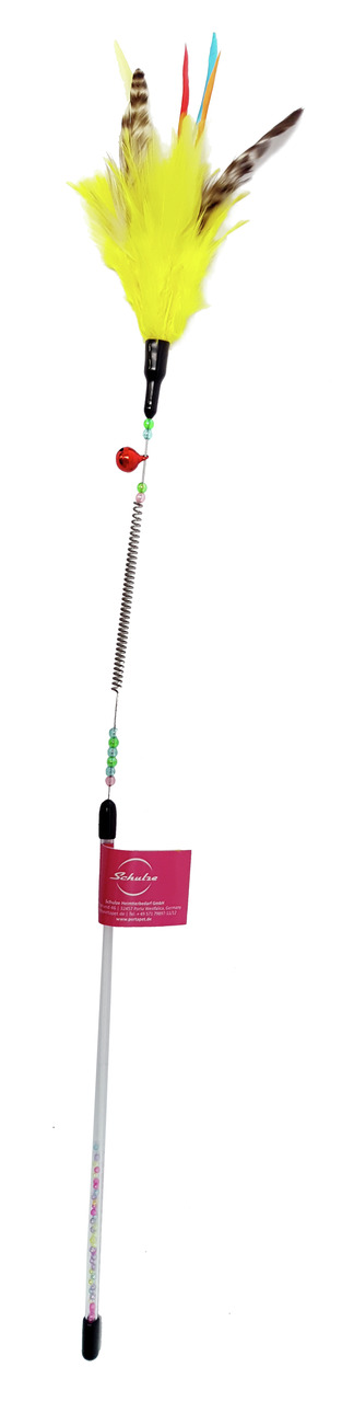 Spielangel für Katzen, PORTA: Weißer Stab, bunte Perlen, gelbe/bunte Federn, rote Glocke. Fördert Bewegung & Spieltrieb.