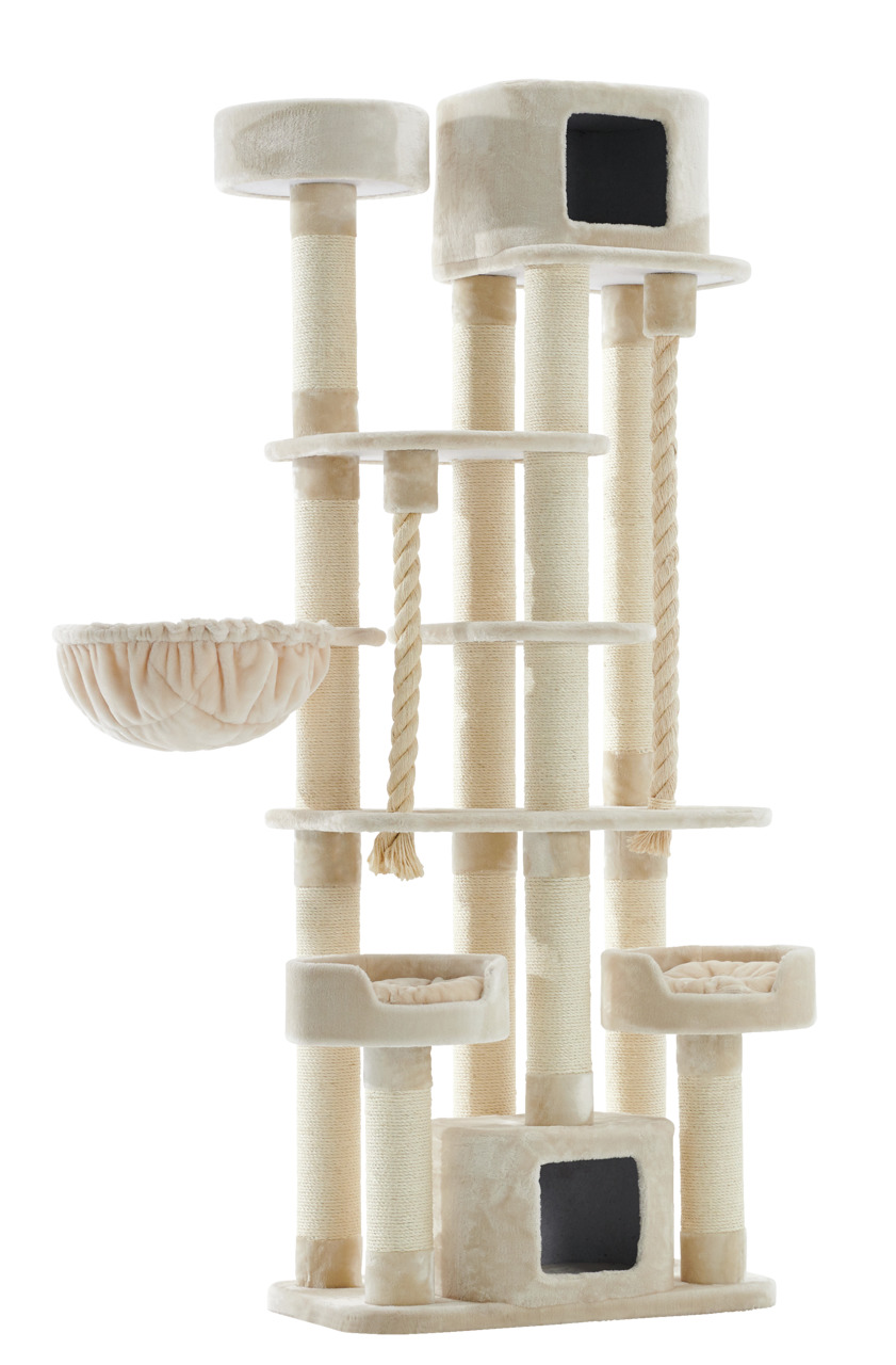 Kratzbaum von Nobby, Modell „Tirana“, für Katzen. Der beige Kratzbaum bietet mehrere Ebenen, Liegeflächen, eine Hängematte, Sisalstämme zum Kratzen und zwei Höhlen. Ideal für Katzen aller Größen. Fördert Aktivität und Entspannung. Maße: ca. 60 x 50 x 170 
