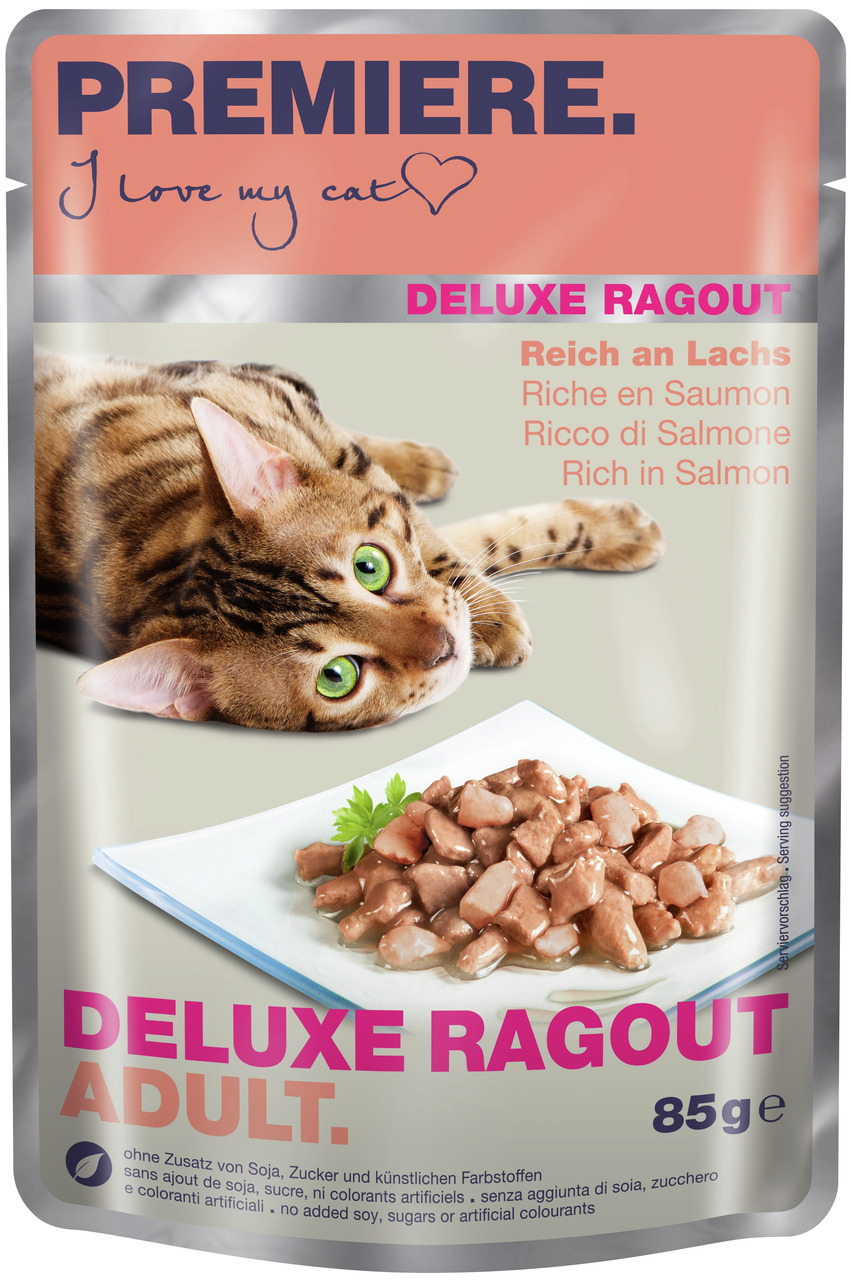 PREMIERE Deluxe Ragout Adult, erwachsene Katzen, Lachs, „ohne Soja, Zucker, künstl. Farbstoffe“, 85 g.