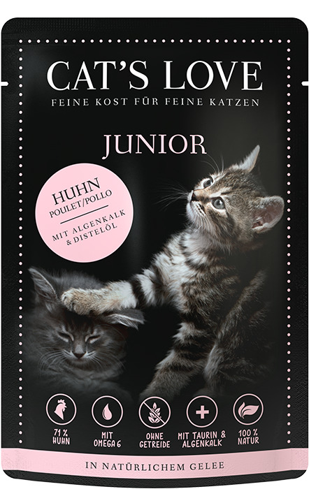 Sparpaket 12 x 85 g Cat's Love Junior Huhn pur mit Algenkalk & Distelöl Katzen Nassfutter