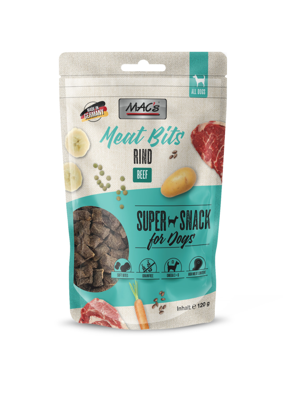 MAC's Meat Bits Rind, 120 g, für alle Hunde, getreidefrei, mit Omega-3/-6, weiche Stücke aus Rindfleisch, hergestellt in Deutschland.