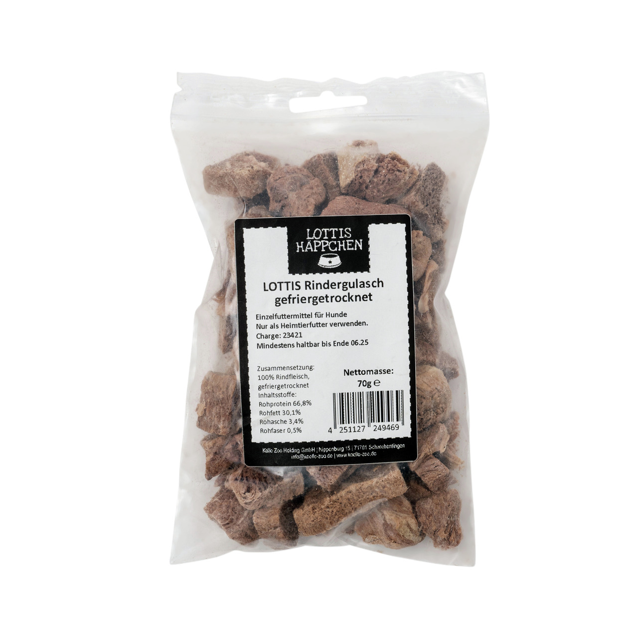 LOTTIS HÄPPCHEN Rindergulasch, Einzelfuttermittel für Hunde, 100 % Rindfleisch, 70 g, gefriergetrocknet.