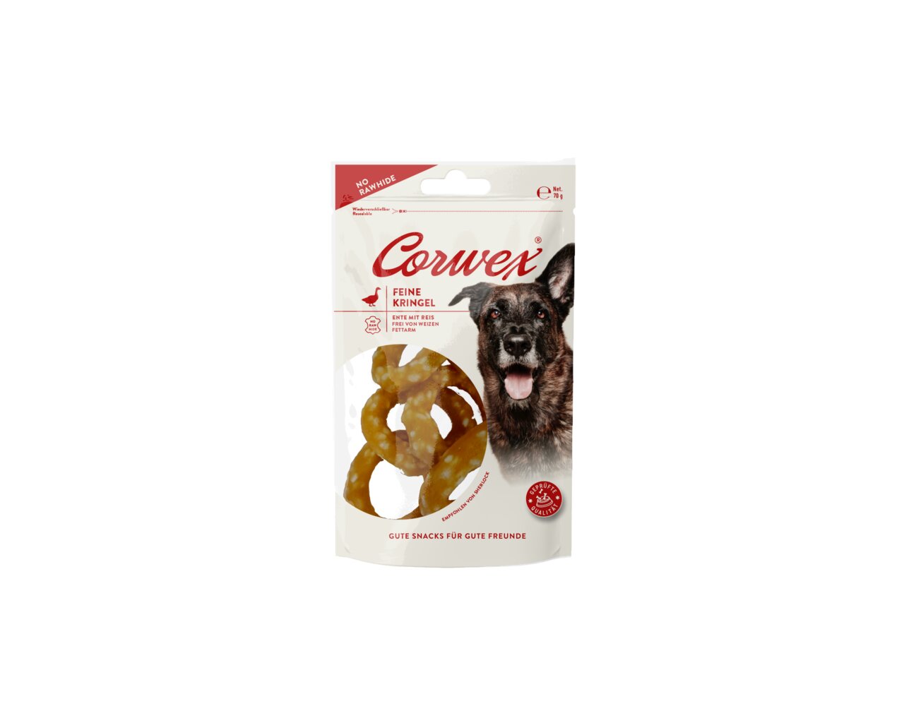 Corwex Feine Kringel für Hunde, Ente, fettarm, ohne Rohhaut, 70 g, gute Snacks für gute Freunde, sichtbare Verpackung.