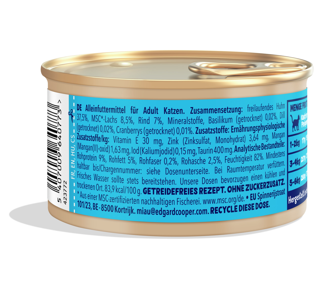 Edgard & Cooper Katzenfutter, erw. Katzen, Huhn-Lachs-Rind, getreidefrei, ohne Zucker, 82 g, recycelbare Dose, ab 1 Jahr.