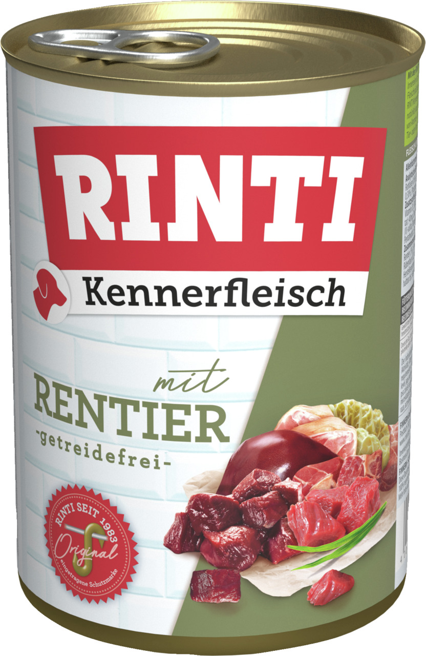 RINTI Kennerfleisch Hundefutter, getreidefrei, mit Rentier, frische Fleischstücke, 400 g.