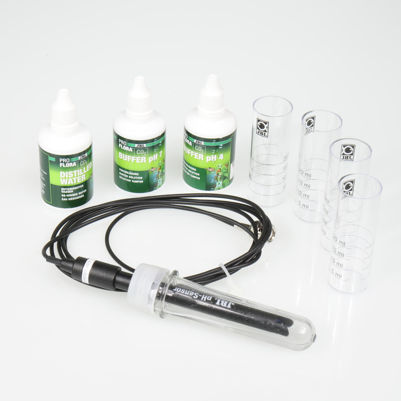 JBL ProFlora CO2 pH-Sensor Set: Zubehör für Aquarien, präzise pH-Messung, inkl. Sensor, Kabel, 3 Flaschen, 4 Becher.