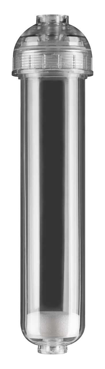 ARKA Osmose-Nachfilter mit Aktivkohle und Sedimentstufe für Aquaristik-Wasseraufbereitung, transparentes Gehäuse.
