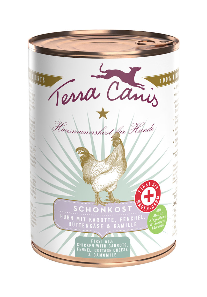 Terra Canis First Aid Magen-Darm-Schonkost Huhn mit Karotte, Fenchel, Hüttenkäse & Kamille 400g Spezialfutter für Hunde