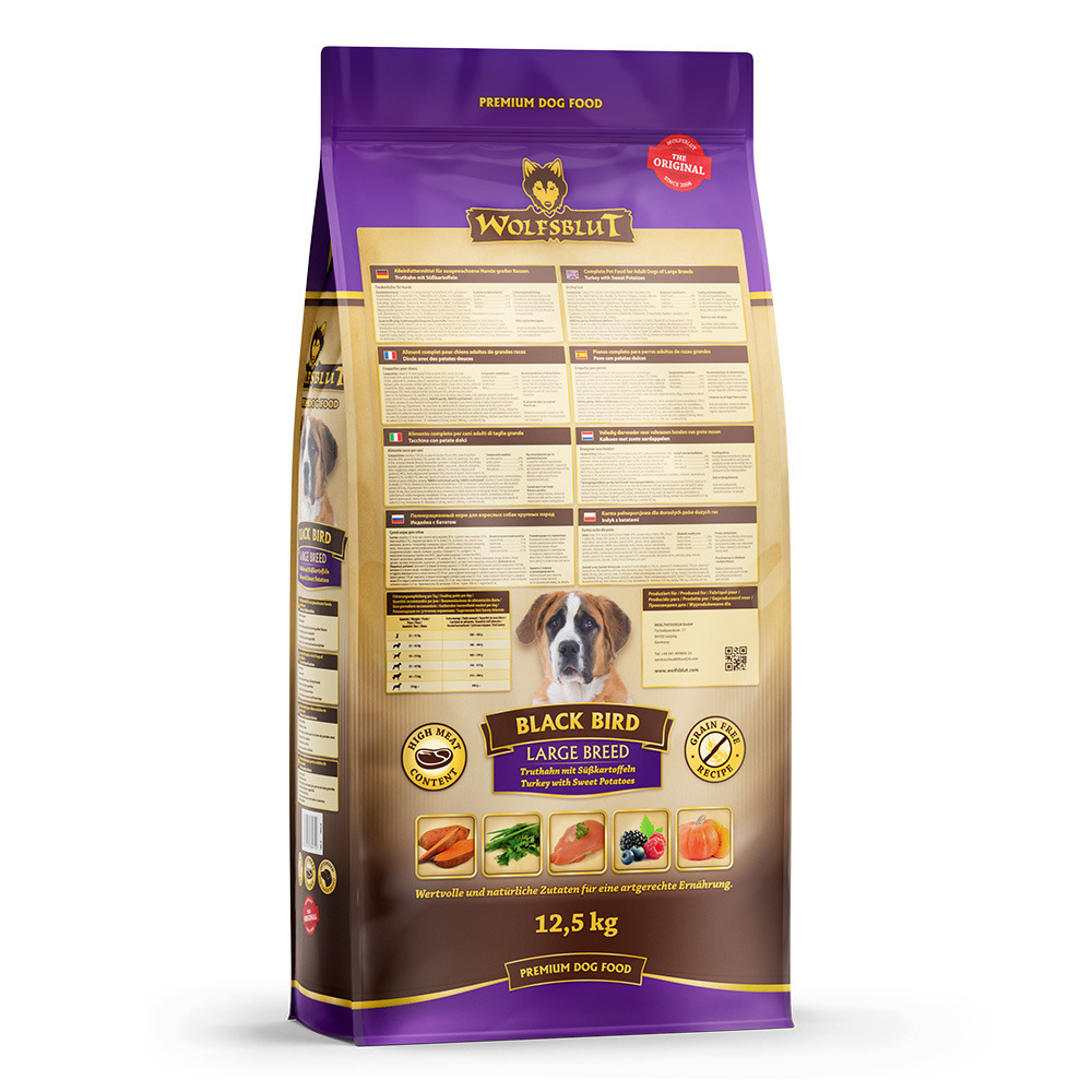 Wolfsblut Black Bird Large Breed, 12,5 kg, für große Hunde, Truthahn & Süßkartoffeln, getreidefrei, hoher Fleischanteil, natürliche Zutaten.