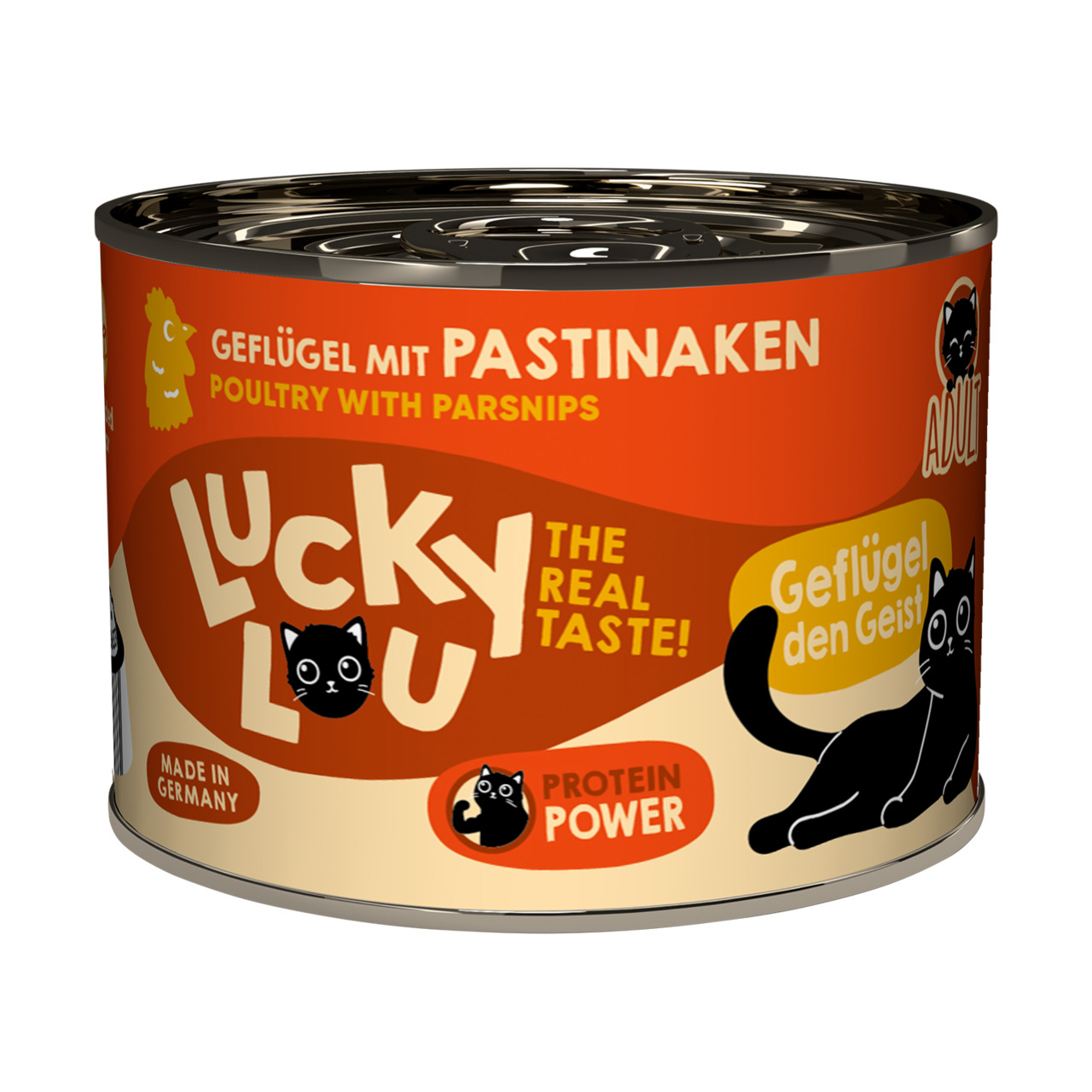 Das Bild zeigt eine Dose Katzenfutter der Marke Lucky Lou mit der Geschmacksrichtung Geflügel mit Pastinaken. Die Zielgruppe sind erwachsene Katzen ("Adult"). Auf der Dose stehen Werbeaussagen wie "The Real Taste!" und "Protein Power". Die Menge ist nicht