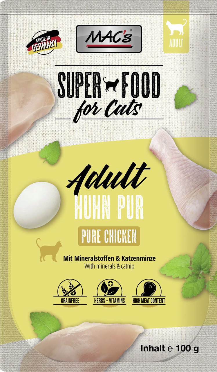 MAC's Superfood f. Cats – Adult Huhn Pur, Nassfutter, getreidefrei, Huhn, hohe Fleischqualität, Vitamine, Katzenminze, 100 g.
