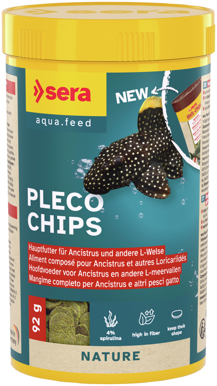 sera Pleco Chips, Hauptfutter f. Ancistrus & L-Welse, 92 g, m. 4 % Spirulina, ballaststoffreich, formstabil, f. Aquarienfische.