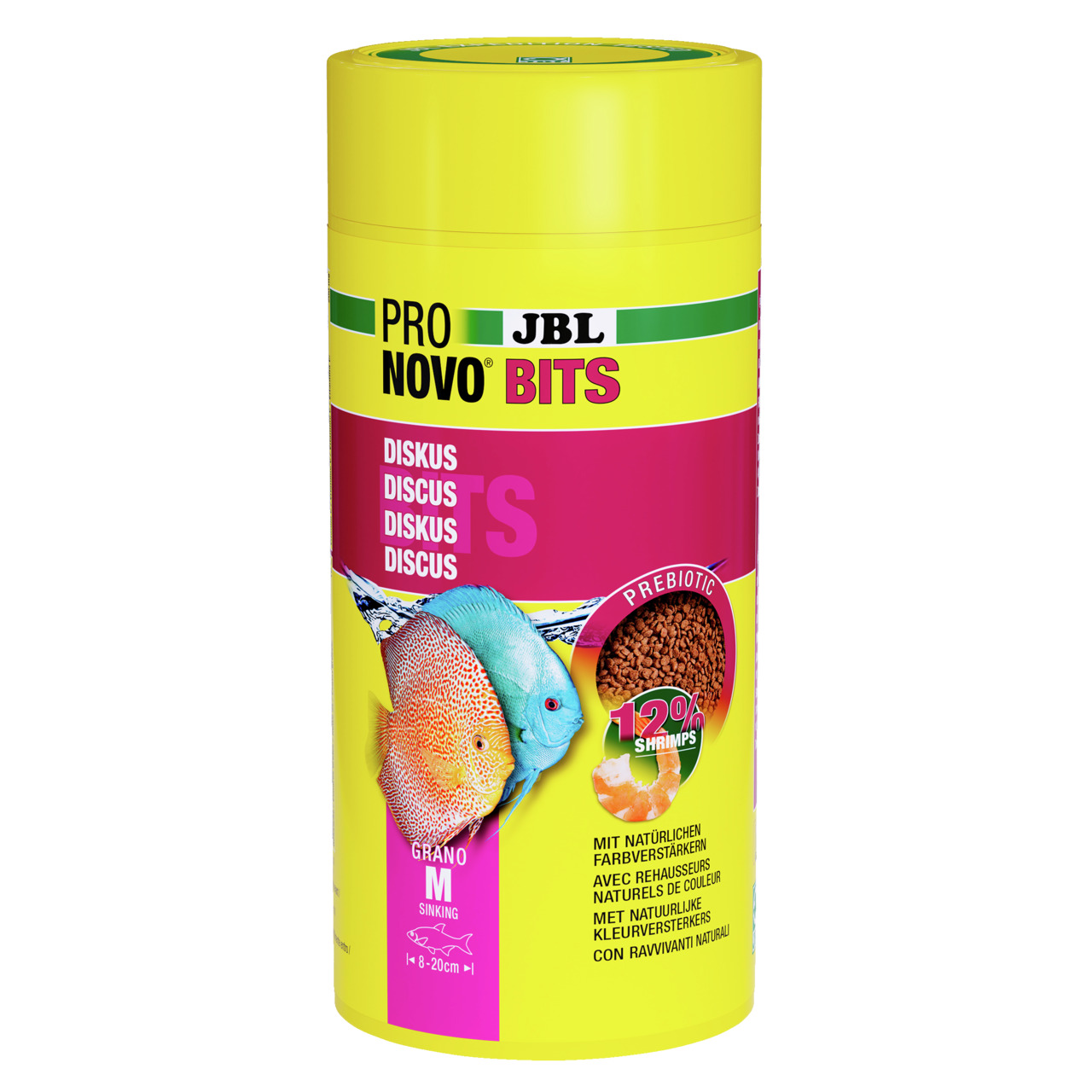 JBL ProNovo Bits Grano S, Diskusfische (8-20 cm), 12 % Shrimps, Farbverstärker, 250 ml, gelbe Dose mit Diskusfisch.