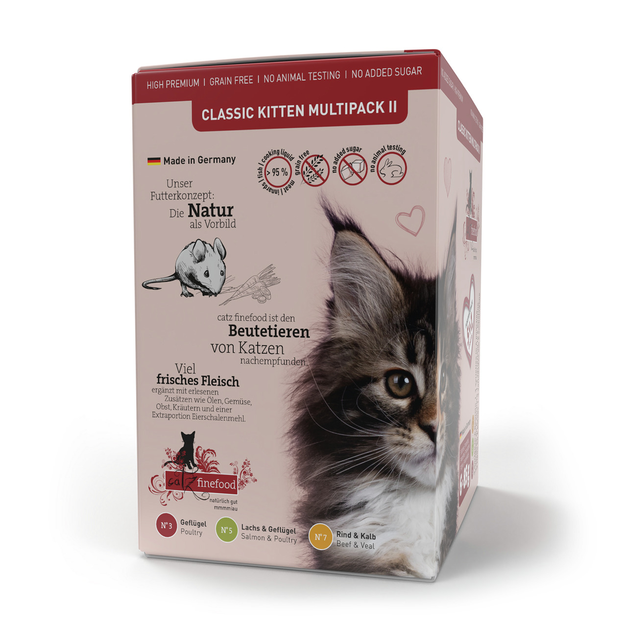 Catz finefood Classic Kitten Multipack II: Katzenfutter f. Kätzchen, getreidefrei, 95 % Fleisch, Geflügel-Lachs-Rind, ohne Zucker, 3x85g.
