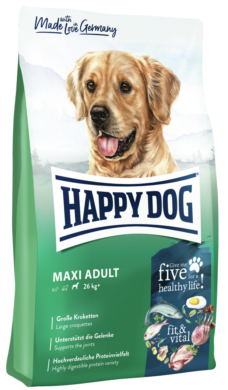 HAPPY DOG Maxi Adult, fit & vital, für Hunde ab 26 kg, große Kroketten, Proteinvielfalt, Gelenkschutz, 15 kg, hergestellt in DE.