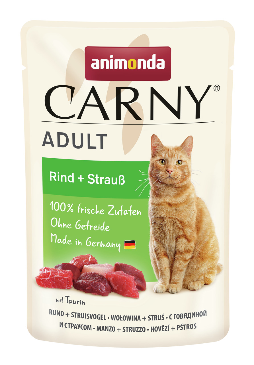 Animonda Carny Adult, Rind+Strauß, für ausgew. Katzen, 100 % frische Zutaten, ohne Getreide, 100 g, Made in Germany.