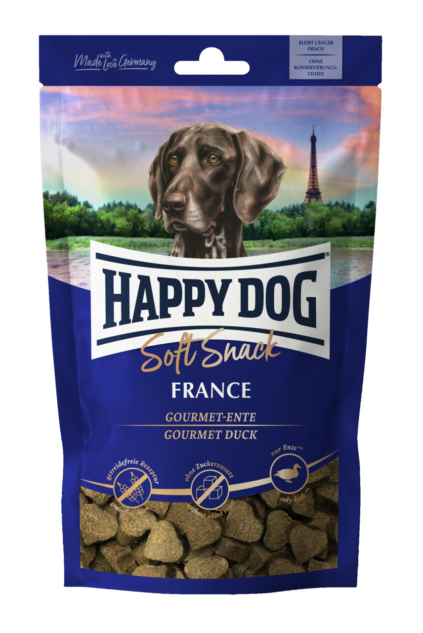 HAPPY DOG Soft Snack France, Gourmet-Ente, für Hunde, herzförmig, 100 g, blaue Verpackung mit Hundeporträt & Eiffelturm.