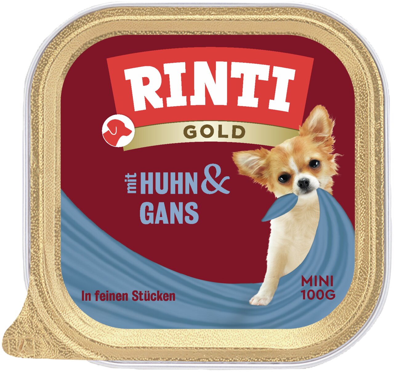 RINTI Gold Mini Hundefutter für kleine Hunde, Geschmacksrichtung Huhn & Gans, in feinen Stücken, 100 g Schale.