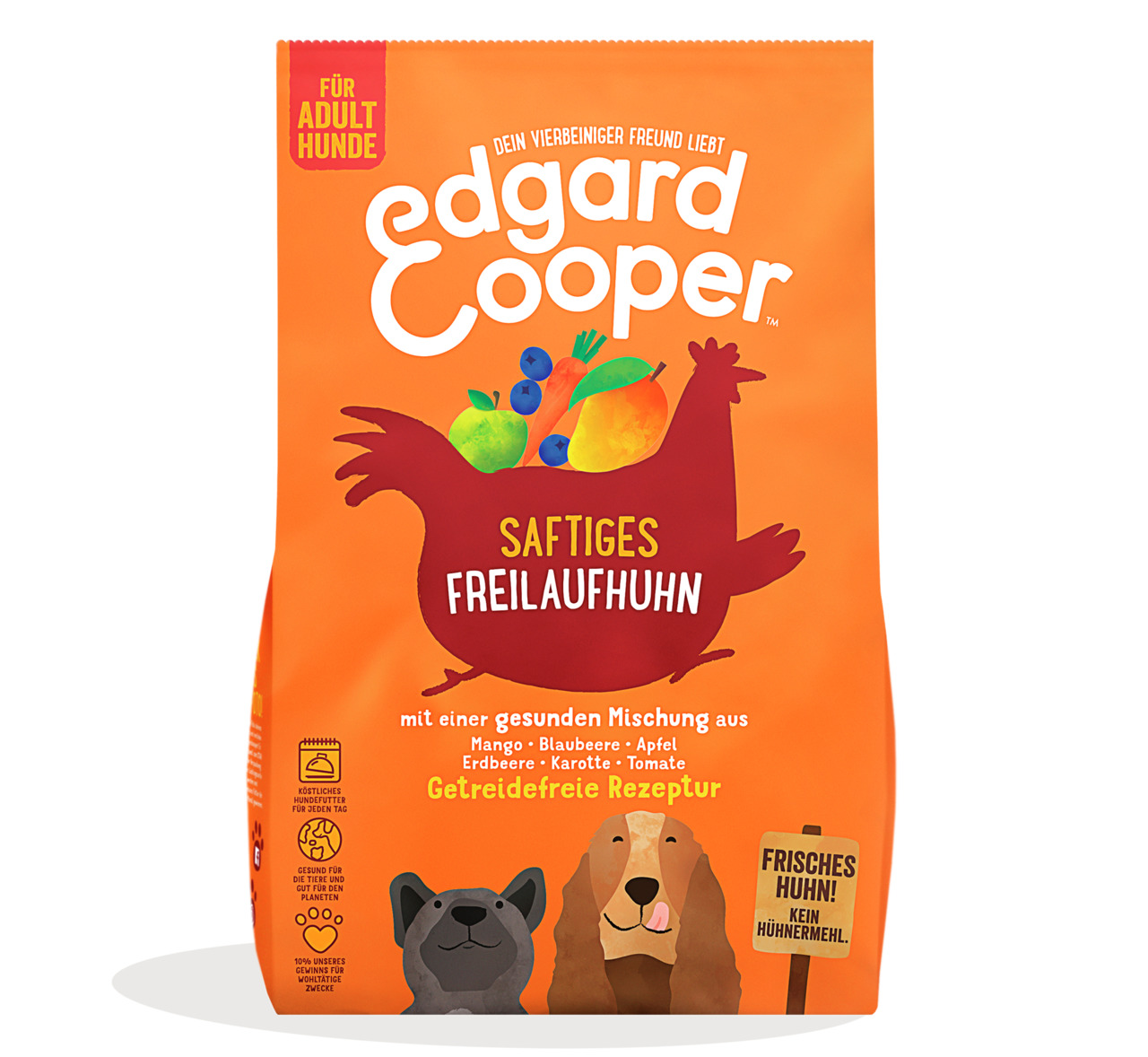 Edgard & Cooper Saftiges Freilaufhuhn, für erw. Hunde, frisches Huhn, getreidefrei, mit Mango, Blaubeere, Apfel, Erdbeere, Karotte, Tomate.
