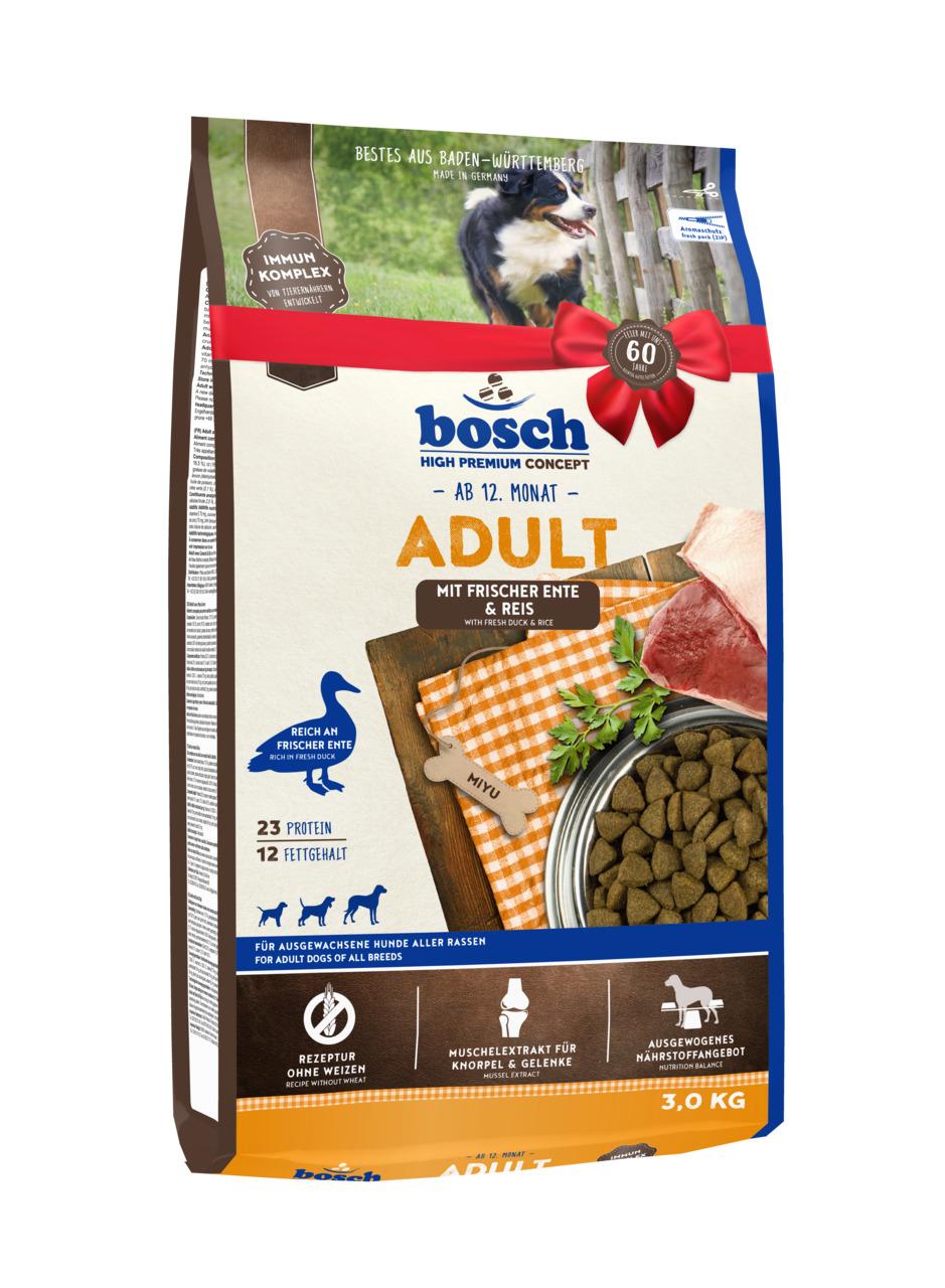 bosch High Premium Concept Adult, 3 kg, für Hunde ab 12 Mon., Ente & Reis, weizenfrei, mit Muschelextrakt für Gelenke.