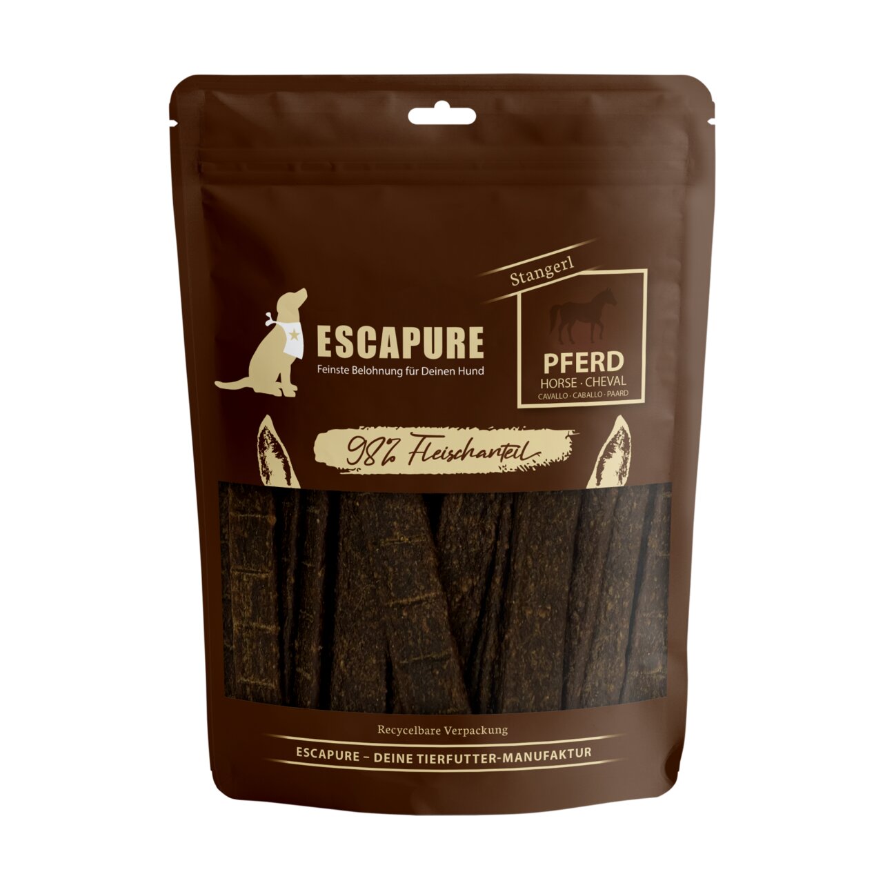 ESCAPURE Stangerl Pferd für Hunde, 98 % Fleischanteil, Naturbelassen, recycelbare Verpackung, 150 g.