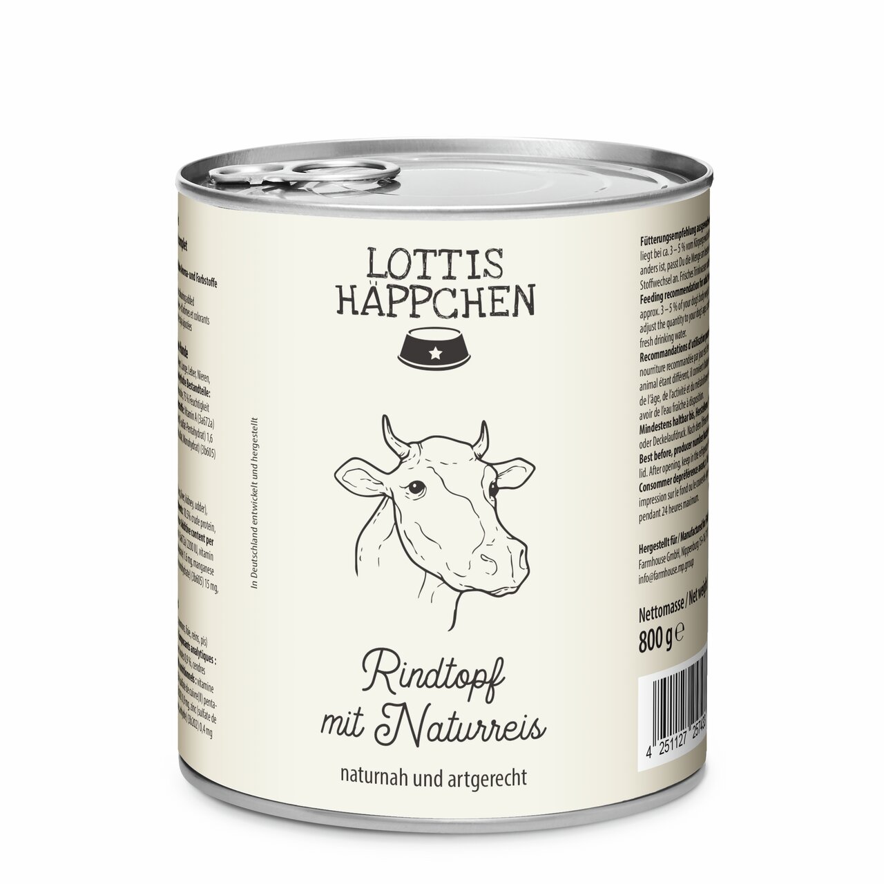 LOTTIS HÄPPCHEN Rindtopf mit Naturreis, Hundefutter, 800 g. Naturnah und artgerecht, ideal für ernährungsbewusste Hundebesitzer.