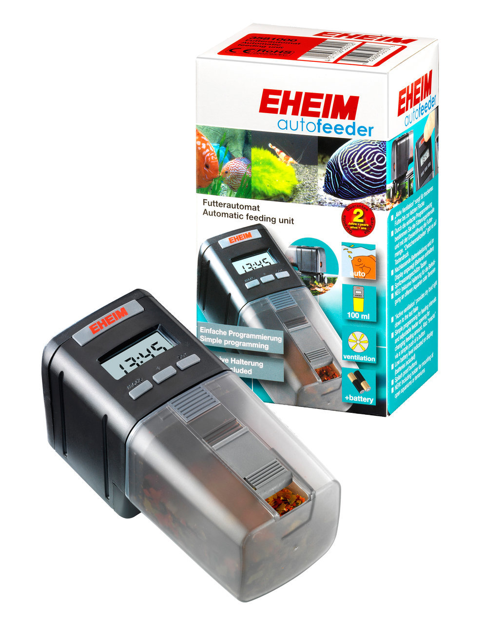 EHEIM Futterautomat, für Aquarienfische, präzise Fütterung zu programmierten Zeiten, digitale Anzeige, ideal für regelmäßige Fütterung.