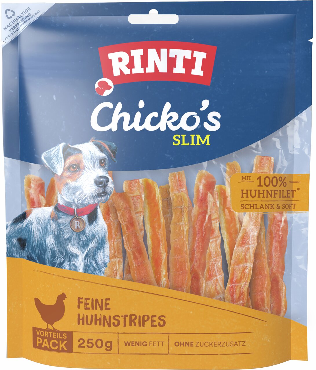 RINTI Chicko's Slim Hundesnack, 250g, mit 100% Huhnfilet, wenig Fett, ohne Zuckerzusatz, für Hunde, schlank & soft.