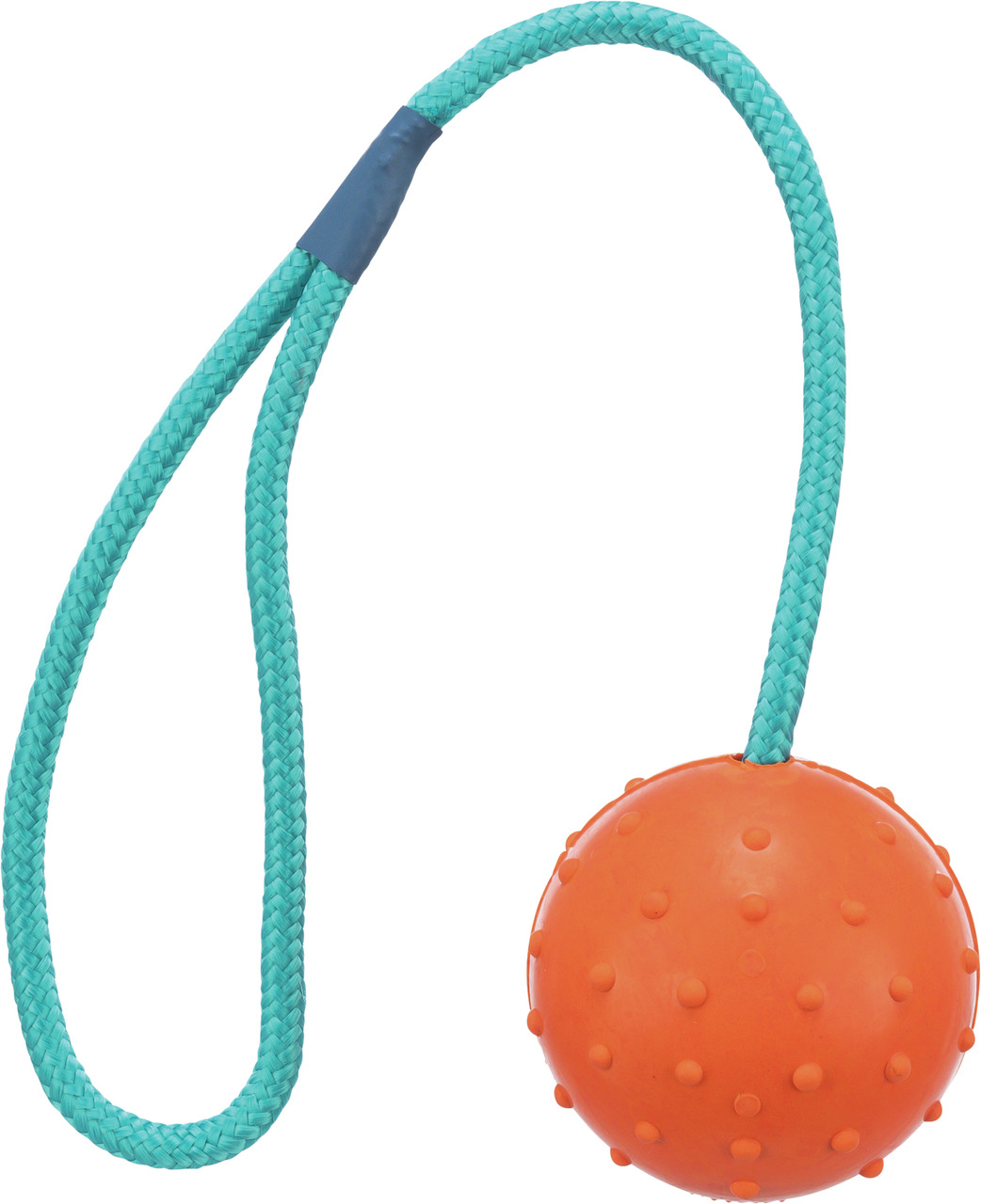 Das Bild zeigt das TRIXIE Hundespielzeug "Schleuderball mit Handschlaufe". Es handelt sich um ein orangefarbenes, genopptes Gummiballspielzeug mit einer robusten, türkisfarbenen Handschlaufe aus geflochtenem Nylon. Geeignet für Hunde aller Größen, ideal f