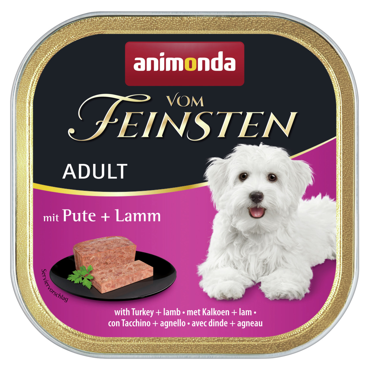 Animonda Vom Feinsten Hundefutter Adult, Pute & Lamm, für ausgewachsene Hunde, 150g, elegantes Design mit goldenen Akzenten.