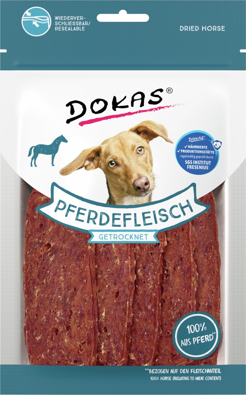 Getrocknete Pferdefleischstreifen von DOKAS für Hunde, 100 % Pferd, wiederverschließbar, geprüft von SGS Institut Fresenius.