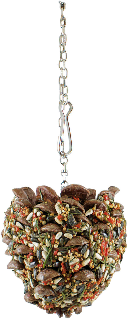 Das Bild zeigt das Produkt "JR FARM Nager- und Vogel-Snack Herz", ein herzförmiger Snack für Vögel und Nager. Es besteht aus natürlichen Zutaten wie Samen, Nüssen und getrockneten Früchten, die zu einem dekorativen Herz geformt sind. Das Produkt hängt an 