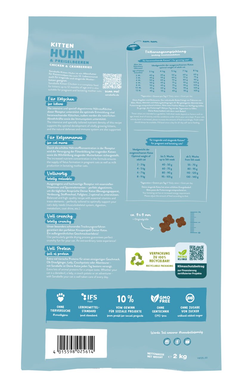 Sanabelle Kitten Huhn & Preiselbeeren, für Kätzchen & trächtige Katzen, 2 kg, 100 % recycelbar.