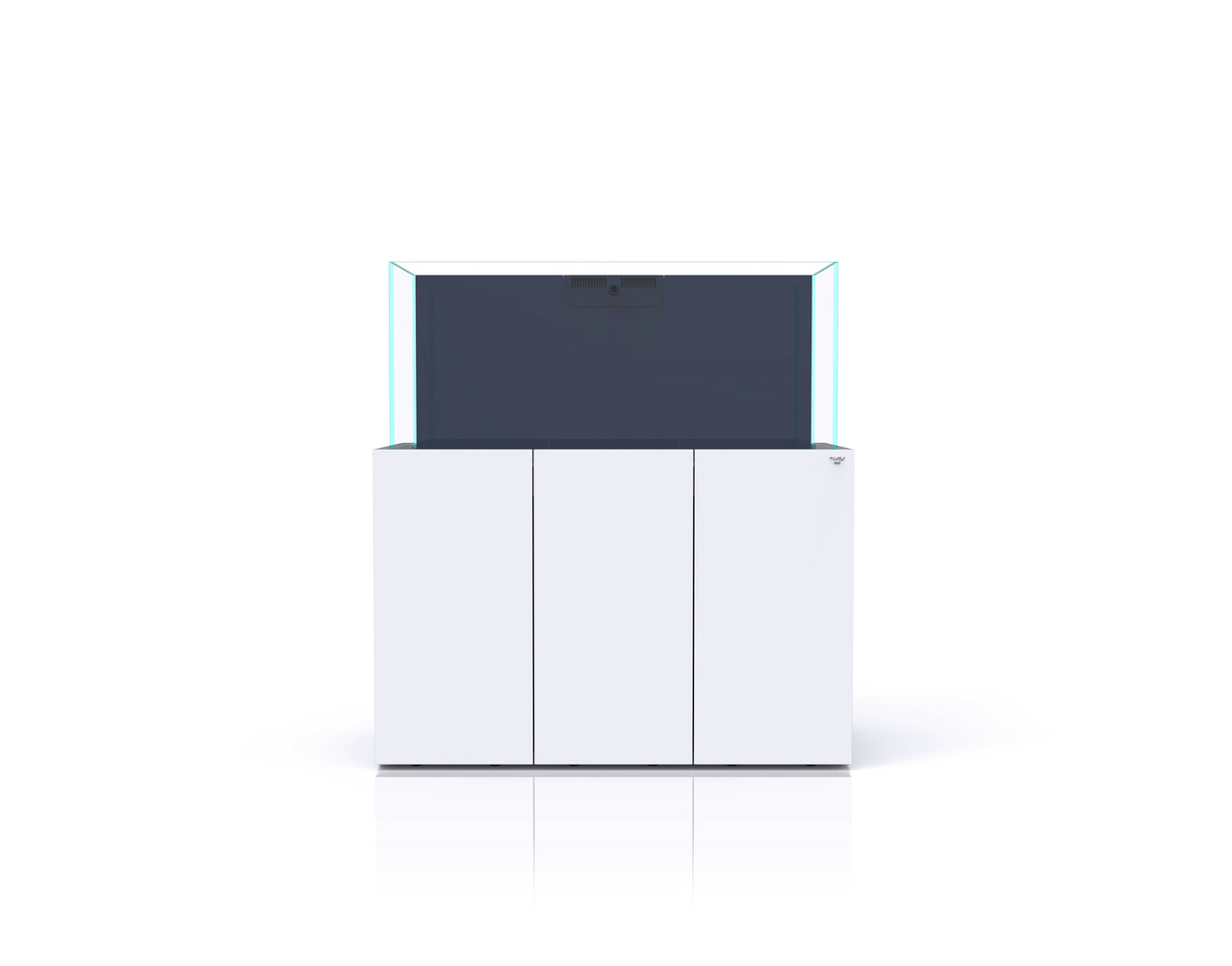 Nyos Opus 300 Aquarium: Meerwasseraquarium aus Weißglas, präzise Silikonnähte, weißer Unterschrank, modern, 300 Liter.