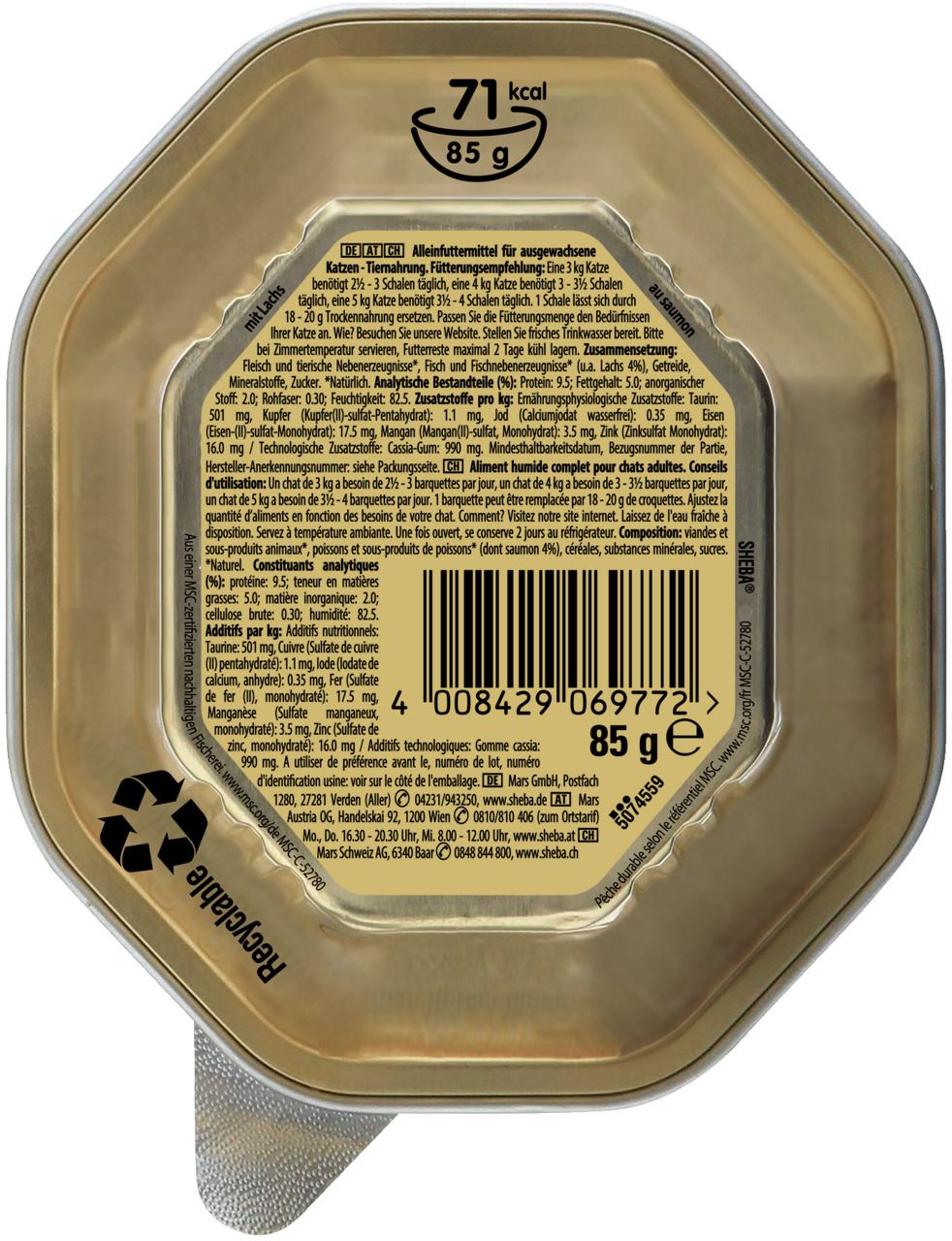 Sheba Katzenfutter, Alleinfutter f. erw. Katzen, Fleisch & Fisch, 85 g, mit Nährwertangaben, Recyclinghinweisen & Fütterungsempfehlungen.