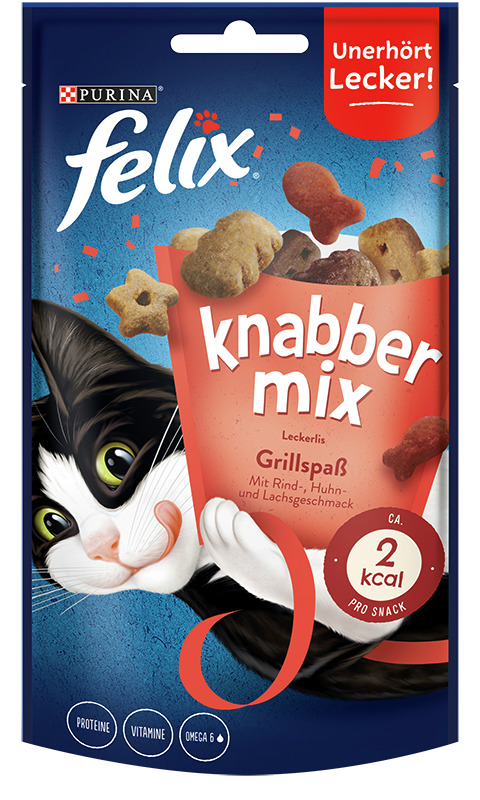 Purina Felix Knabber Mix Grillspaß, Katzenleckerlis, Rind/Huhn/Lachs, ca. 2 kcal/Stk., mit Proteinen, Vitaminen & Omega-6, 60g.