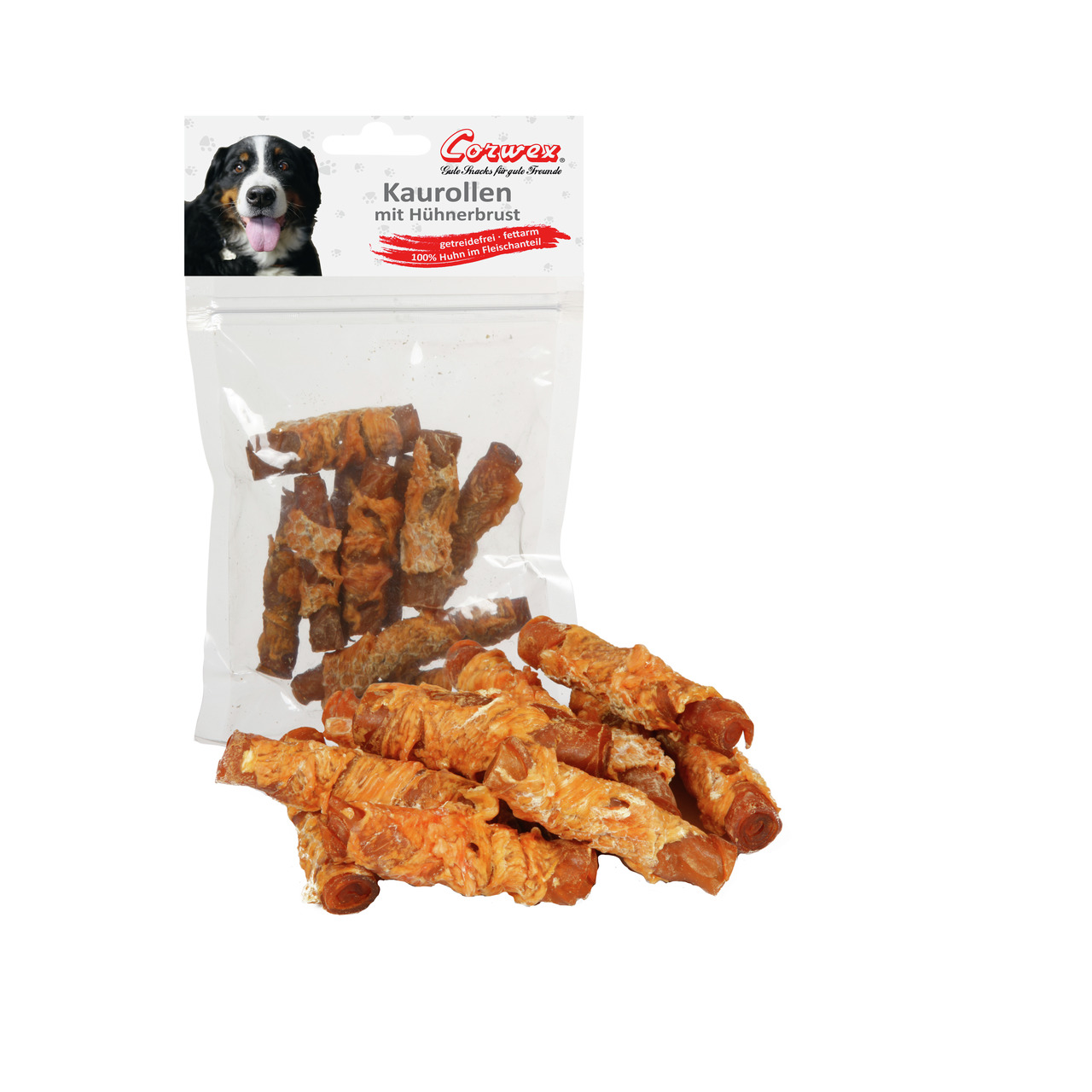Corwex Kaurollen mit Hühnerbrust für Hunde, 100 % Huhn, getreidefrei, fettarm, mehrere Stücke sichtbar.