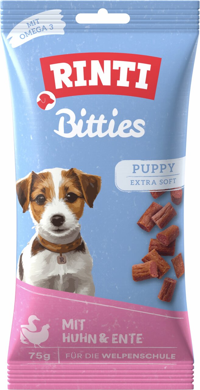 RINTI Bitties Puppy Extra Soft, Hundesnack mit Huhn & Ente, für Welpen, mit Omega 3, 75g, ideal für die Welpenschule.