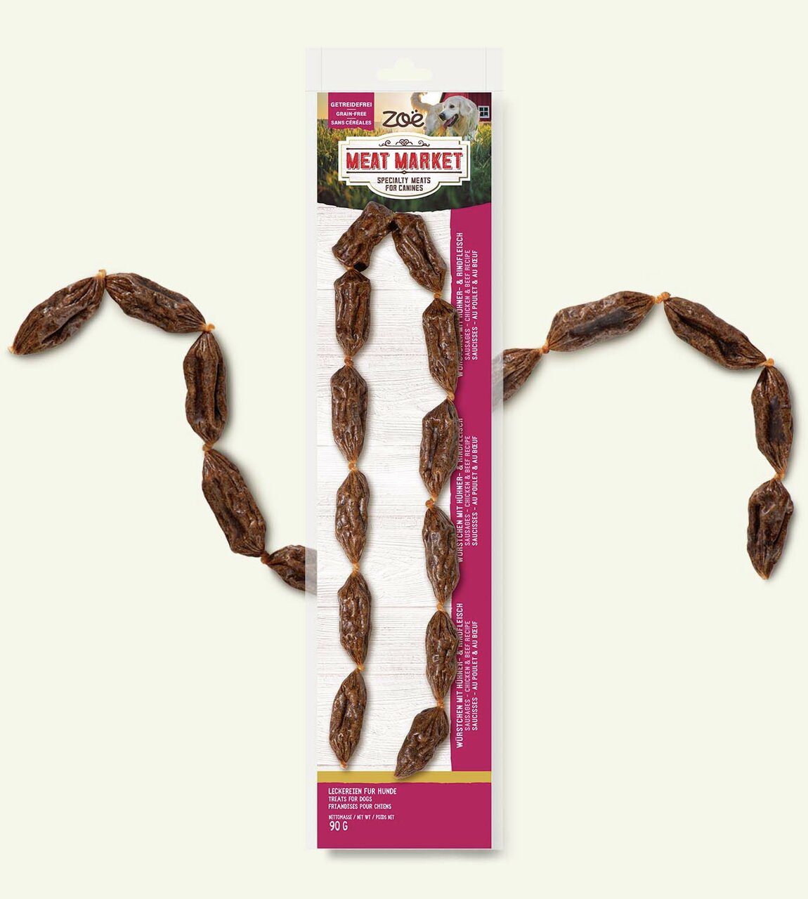 Zoe Meat Market Hundesnack, Rindergeschmack, getreidefrei, für Hunde, Spezialitäten, 90 g in plastikfreier Verpackung.