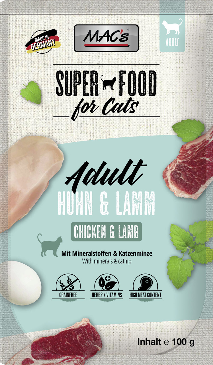 Das Bild zeigt eine Verpackung des Katzenfutters „MAC's Superfood for Cats“ in der Sorte „Huhn & Lamm“ für ausgewachsene Katzen (Adult). Die Geschmacksrichtung ist Huhn und Lamm, angereichert mit Mineralstoffen und Katzenminze. Das Produkt ist getreidefre